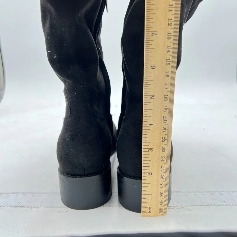 Black Suede Women Over The Knee Boots Comfy Chunky Heel Side Zipper Office Shoe